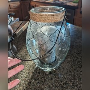 Large Glass Hurricane Lantern with Wire & Burlap Includes Candle